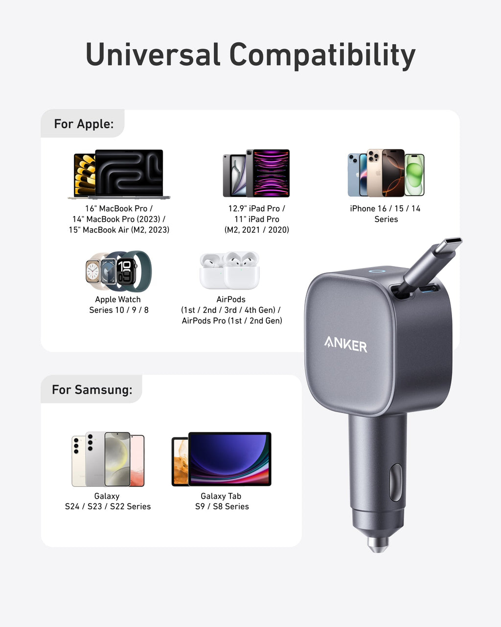 Anker Nano 75W Car Charger with Retractable USB-C Cable